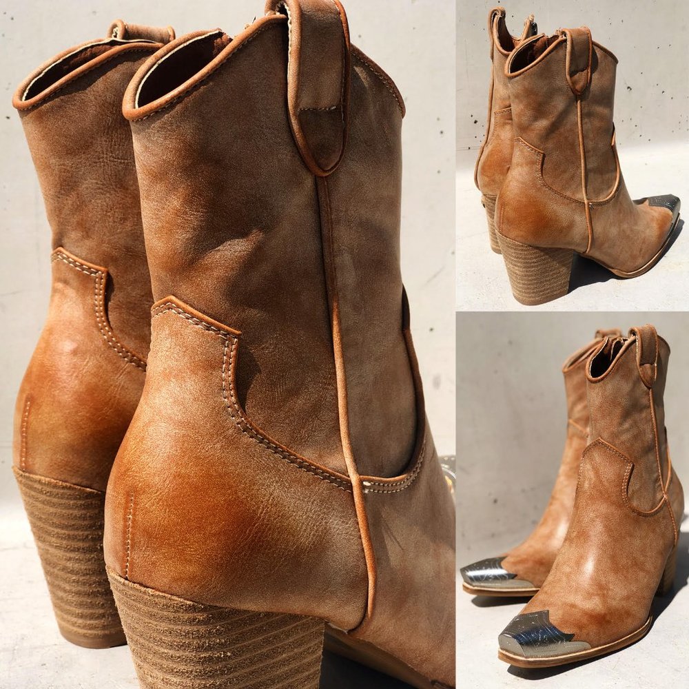 NEW Distressed Nude PU Leather Metal Toe Block Heel Cowgirl Western Ankle Boots - Picture 6 of 14